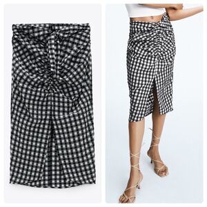 Zara Knotted Plaid Gathered Midi Skirt